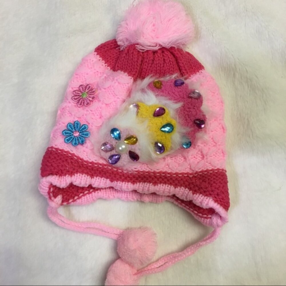 3/$25 Girls Pink Embellished Beanie With Ties